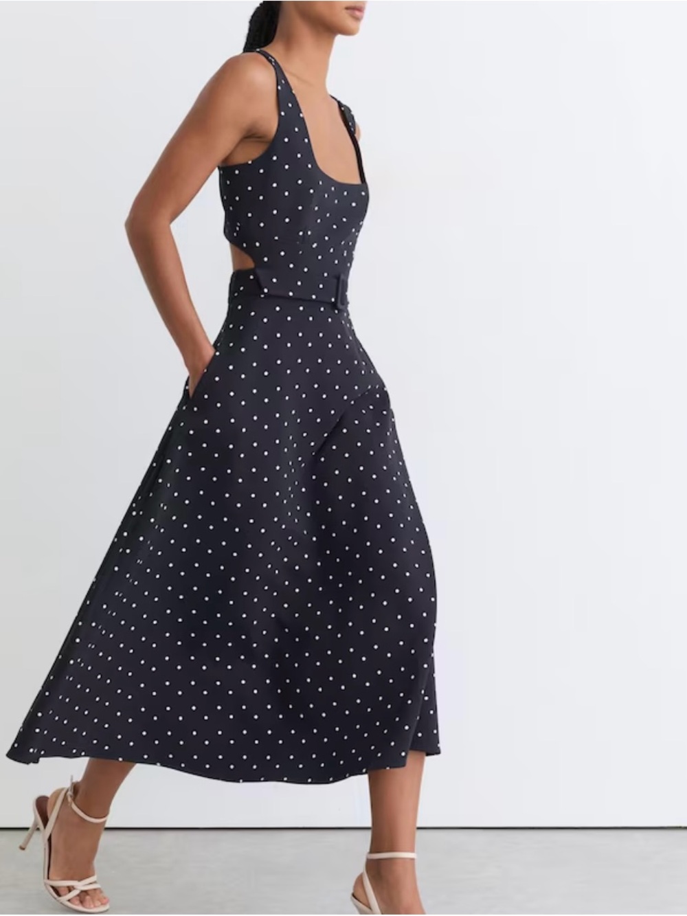 NWOT Reiss Polka Dot-Print Belted Midi Dress in Navy
